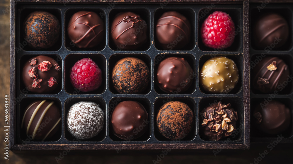 Show a luxurious display of chocolate truffles with raspberry, caramel, and hazelnut fillings. Include coatings like cocoa powder, powdered sugar, and nuts, arranged in an elegant box. Show a luxurious display of chocolate truffles with raspberry, caramel, and hazelnut fillings. Include coatings like cocoa powder, powdered sugar, and nuts, arranged in an elegant box.