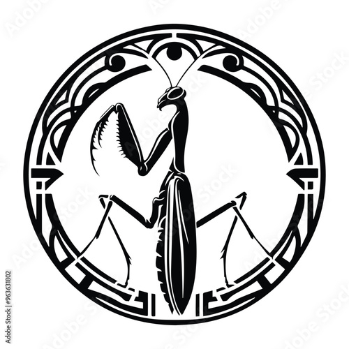 Mantis insect with art nouveau decoration, stencil logo, black and white animal illustration