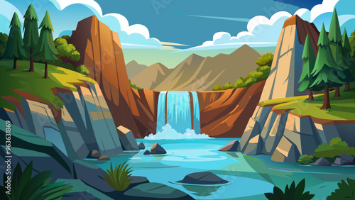 Waterfall in the wilderness cascading water in vector art illustration