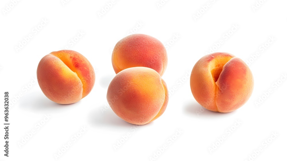 Realistic spread of whole peaches on a white background, showcasing their fuzzy skin and vibrant orange color Realistic spread of whole peaches on a white background, showcasing their fuzzy skin and vibrant orange color
