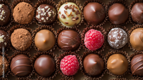 Show a luxurious display of chocolate truffles with raspberry, caramel, and hazelnut fillings. Include coatings like cocoa powder, powdered sugar, and nuts, arranged in an elegant box.