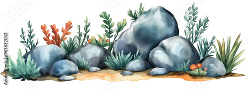 The rocky desert landscape with plants is made in watercolor technique
