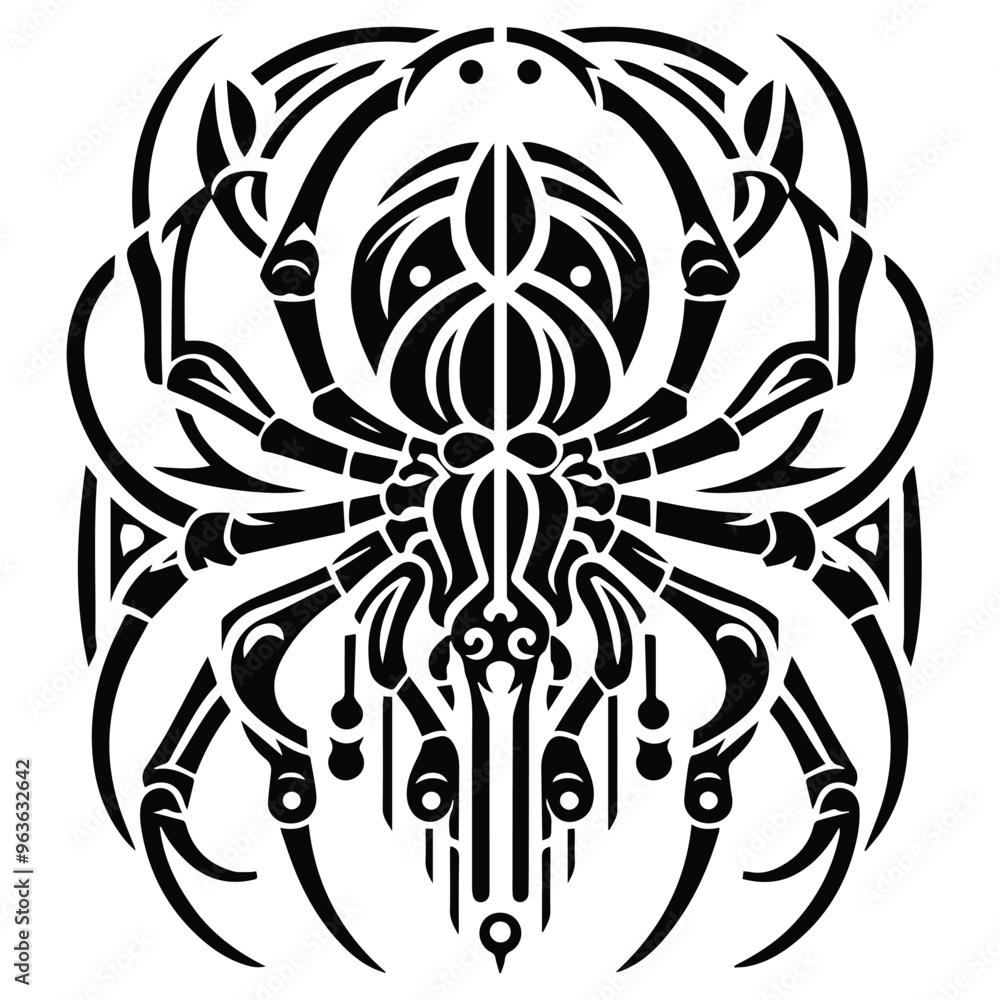 Spider insect with art nouveau decoration, stencil logo, black and white animal illustration Spider insect with art nouveau decoration, stencil logo, black and white animal illustration