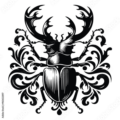 stag beetle insect with victorian flourish decoration, stencil logo, black and white animal illustration