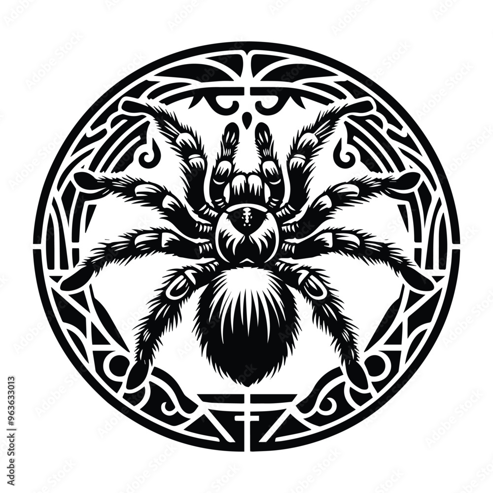tarantula insect with art nouveau decoration, stencil logo, black and white animal illustration tarantula insect with art nouveau decoration, stencil logo, black and white animal illustration