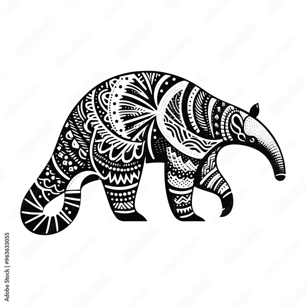 Fototapeta premium Anteater in zentangle art, stencil logo, black and white animal illustration