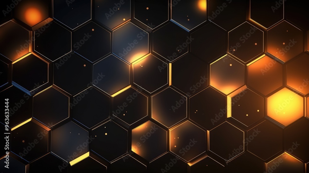 A futuristic and abstract background featuring a honeycomb pattern with glowing orange and yellow lights. A futuristic and abstract background featuring a honeycomb pattern with glowing orange and yellow lights.