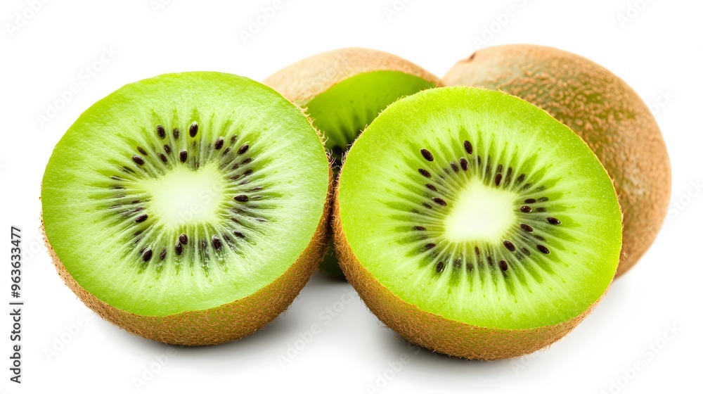 Fototapeta premium Realistic arrangement of fresh kiwis on a white background, highlighting their fuzzy brown skin and bright green interior with subtle shadows