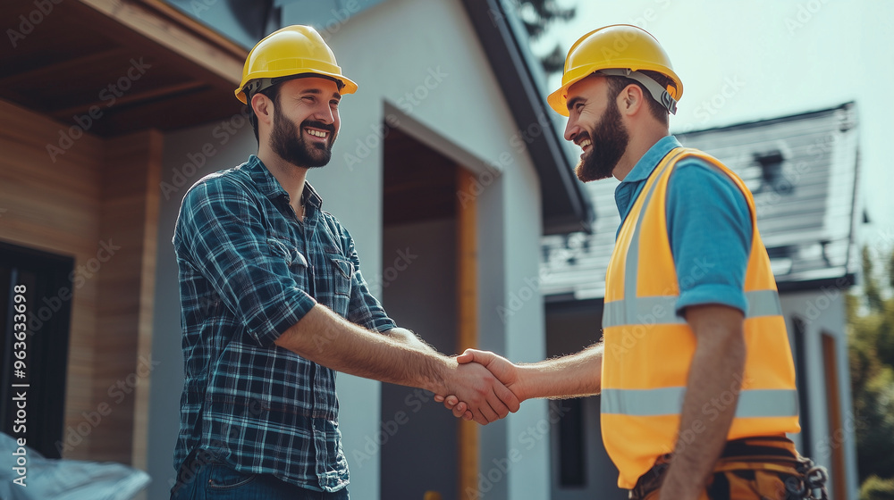 Architect and construction worker happily shake hands in front of a house being built, both wearing hard hats and smiling Architect and construction worker happily shake hands in front of a house being built, both wearing hard hats and smiling
