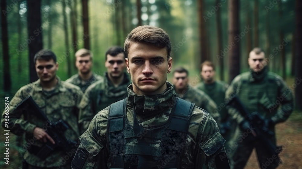 Fototapeta premium A group of soldiers in camouflage gear stand in a forest, their faces serious and determined.