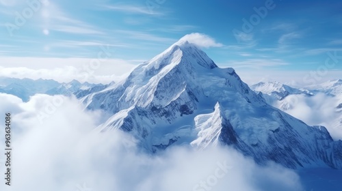 A majestic snow-capped mountain peak pierces through a sea of clouds, bathed in the soft glow of the morning sun.