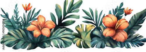 Colorful tropical flowers and lush greenery in a vibrant arrangement