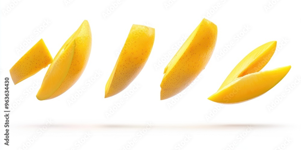 A series of images of a sliced mango. The images are in different stages of being sliced, with the top image showing the whole fruit and the bottom image showing the fruit being sliced in half A series of images of a sliced mango. The images are in different stages of being sliced, with the top image showing the whole fruit and the bottom image showing the fruit being sliced in half