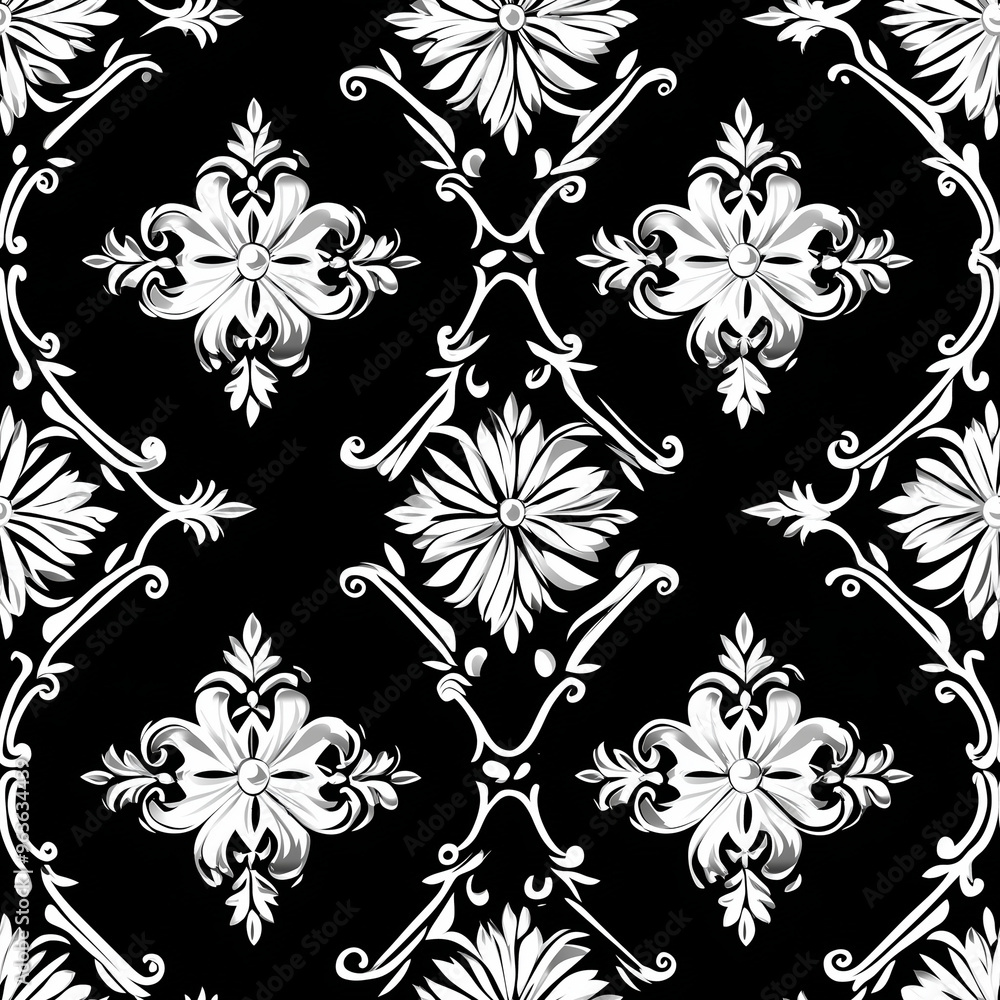 Black and White Ornate Floral Pattern with Classic Baroque Design Black and White Ornate Floral Pattern with Classic Baroque Design
