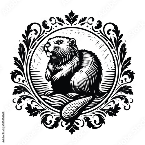 Beaver with victorian flourish decoration, stencil logo, black and white animal illustration