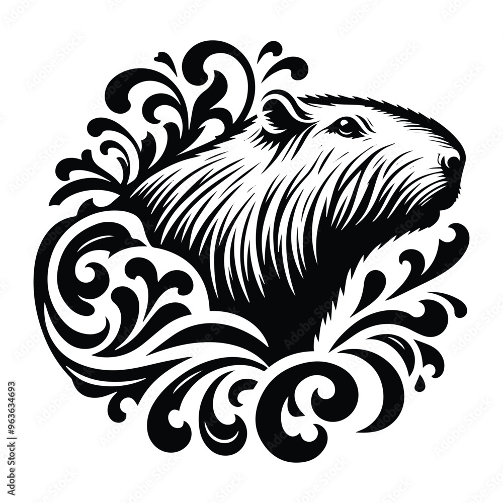 Fototapeta premium Capybara with victorian flourish decoration, stencil logo, black and white animal illustration