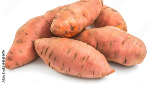 Realistic display of whole sweet potatoes on a white background, emphasizing their rough, orange skin