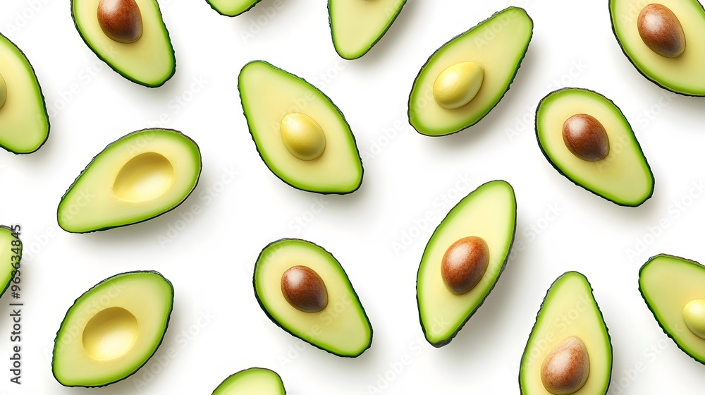 spread of sliced avocados on a white background, showcasing their creamy green interior spread of sliced avocados on a white background, showcasing their creamy green interior