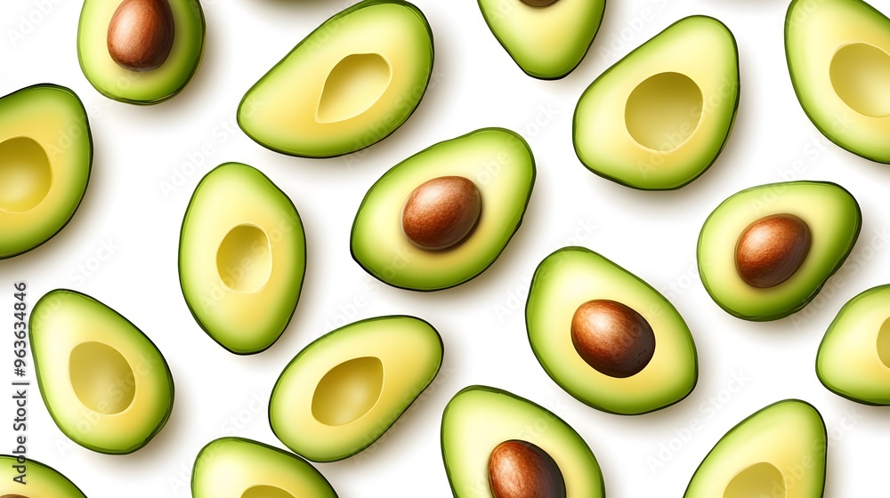 spread of sliced avocados on a white background, showcasing their creamy green interior spread of sliced avocados on a white background, showcasing their creamy green interior