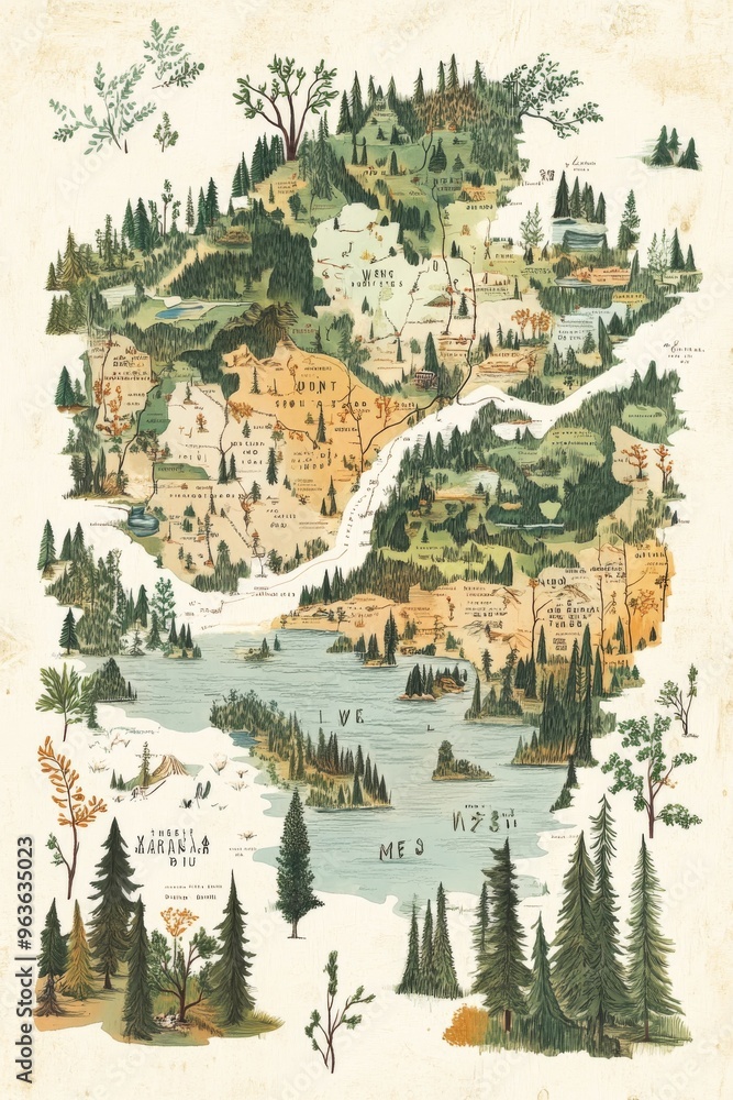Fototapeta premium Serenity in Nature: A Hand-Drawn Map of Minnesota's Tranquil Lakes and Forests