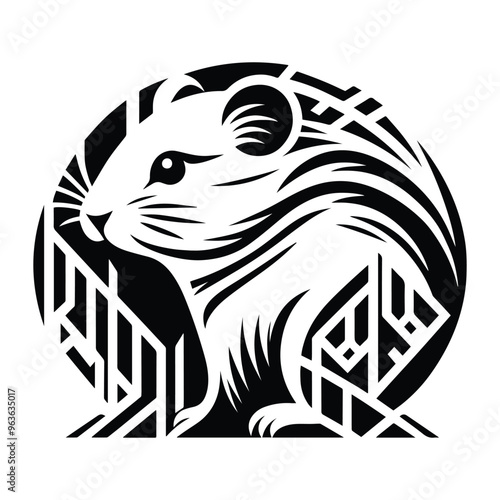 Hamster with art deco decoration, stencil logo, black and white animal illustration photo