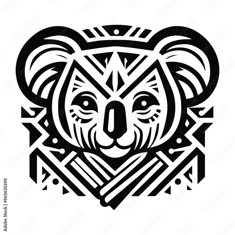 Obraz premium Koala with art deco decoration, stencil logo, black and white animal illustration