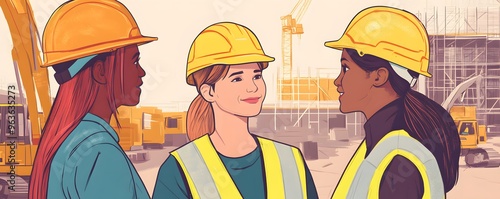 Three Female Construction Workers Wearing Hard Hats photo