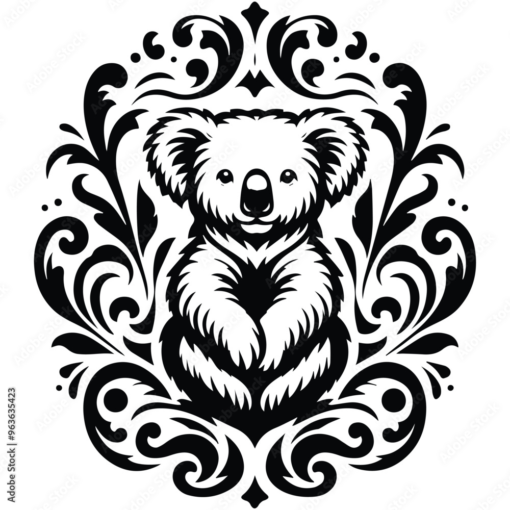 Fototapeta premium Koala with victorian flourish decoration, stencil logo, black and white animal illustration