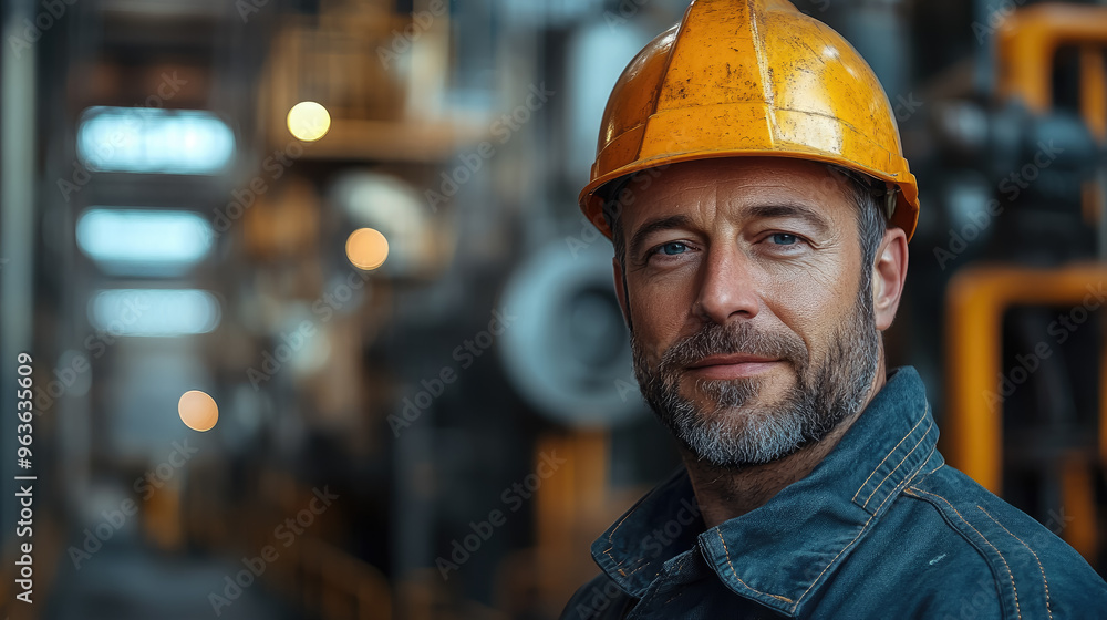 Nuclear industry worker against the background of a nuclear power plant, physicist, employee portrait, man, pipes, technology, equipment, science, scientist, uniform, helmet, builder, engineer Nuclear industry worker against the background of a nuclear power plant, physicist, employee portrait, man, pipes, technology, equipment, science, scientist, uniform, helmet, builder, engineer