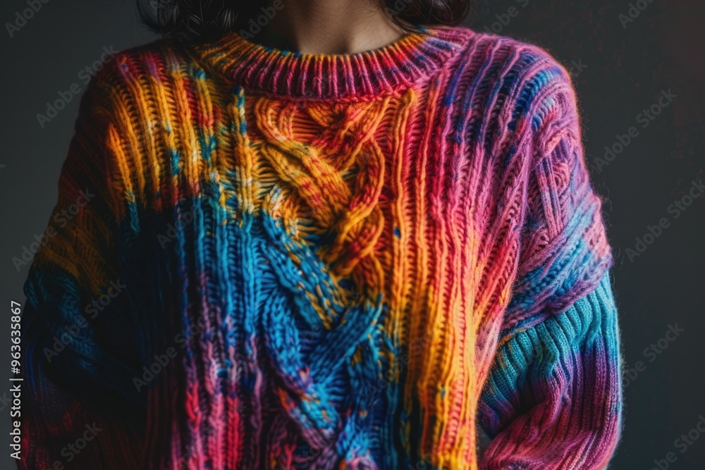 Fototapeta premium A woman is wearing a colorful sweater with a rainbow pattern. The sweater is knitted and has a unique design. The woman is standing in front of a dark background