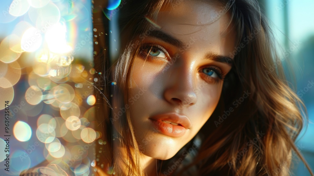 A woman with long brown hair and blue eyes is looking at the camera. She has a bright smile and her eyes are wide open. The image has a warm and inviting mood, with the woman's smile A woman with long brown hair and blue eyes is looking at the camera. She has a bright smile and her eyes are wide open. The image has a warm and inviting mood, with the woman's smile