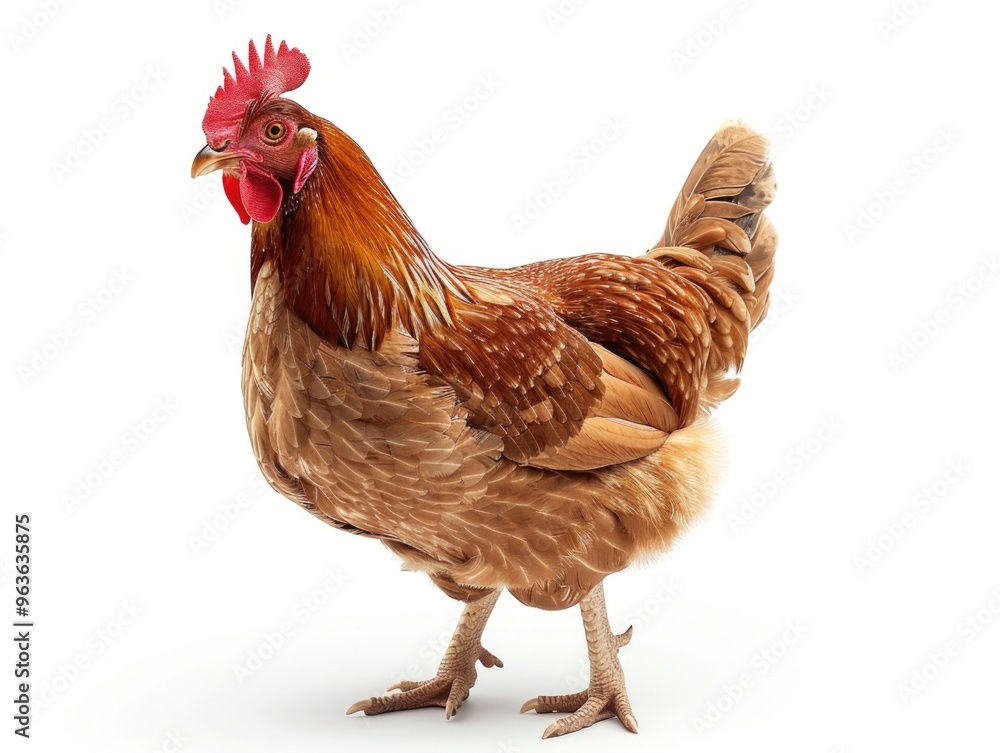 Fototapeta premium A chicken with a red comb stands on a white background