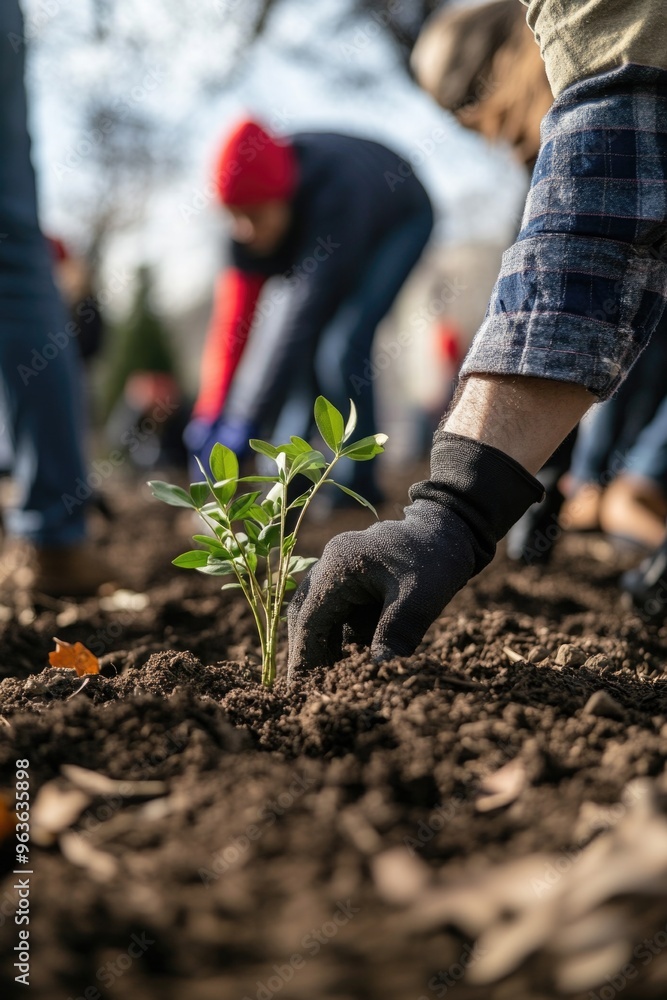 A person is planting a tree in the dirt. Concept of hope and growth, as the person is taking an active role in nurturing the plant. The scene also suggests the importance of environmental conservation A person is planting a tree in the dirt. Concept of hope and growth, as the person is taking an active role in nurturing the plant. The scene also suggests the importance of environmental conservation