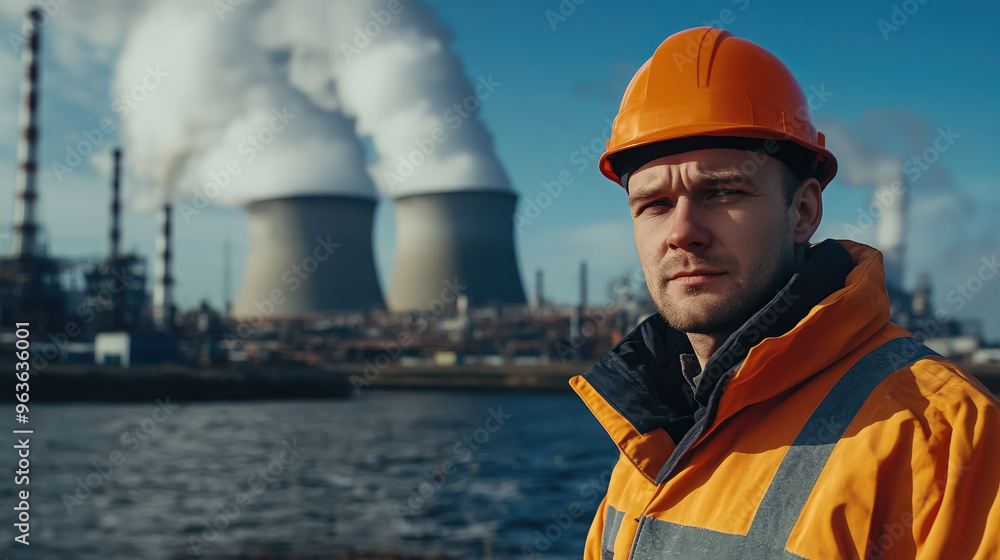 Nuclear industry worker against the background of a nuclear power plant, physicist, employee portrait, man, pipes, technology, equipment, science, scientist, uniform, helmet, builder, engineer Nuclear industry worker against the background of a nuclear power plant, physicist, employee portrait, man, pipes, technology, equipment, science, scientist, uniform, helmet, builder, engineer