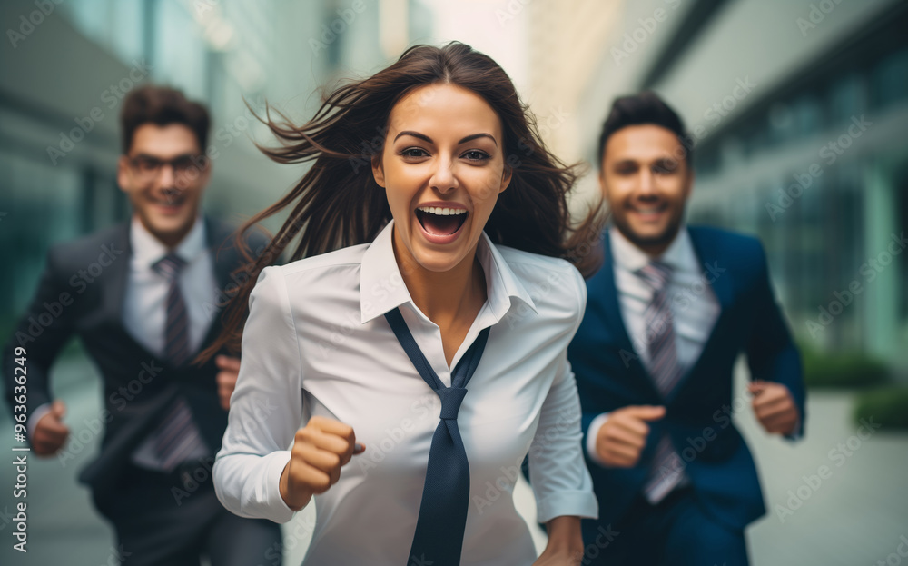 Φωτογραφία Happy running joyful businesswoman with colleagues business people having a race