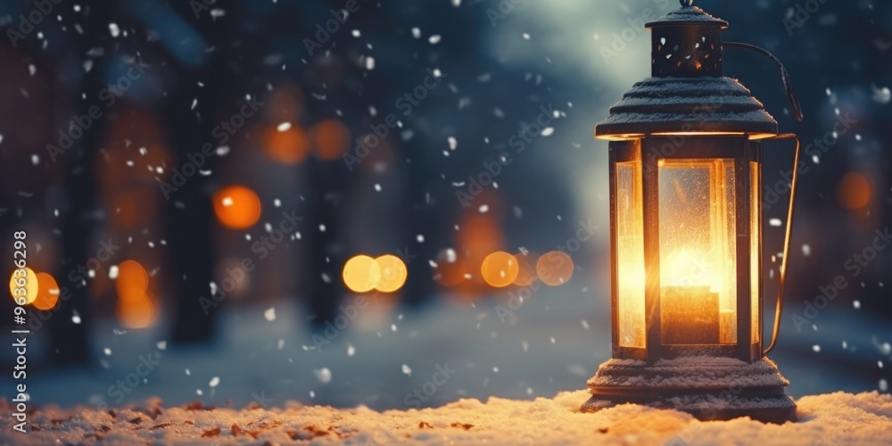 A lantern is lit in the snow, creating a warm and cozy atmosphere. The lantern is surrounded by snow, which adds to the wintery feel of the scene. Concept of peace and tranquility A lantern is lit in the snow, creating a warm and cozy atmosphere. The lantern is surrounded by snow, which adds to the wintery feel of the scene. Concept of peace and tranquility