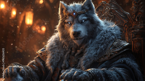 powerful wolf beastfolk king adorned with a royal crown and thick fur, seated on an ornate throne in a dimly lit hall photo