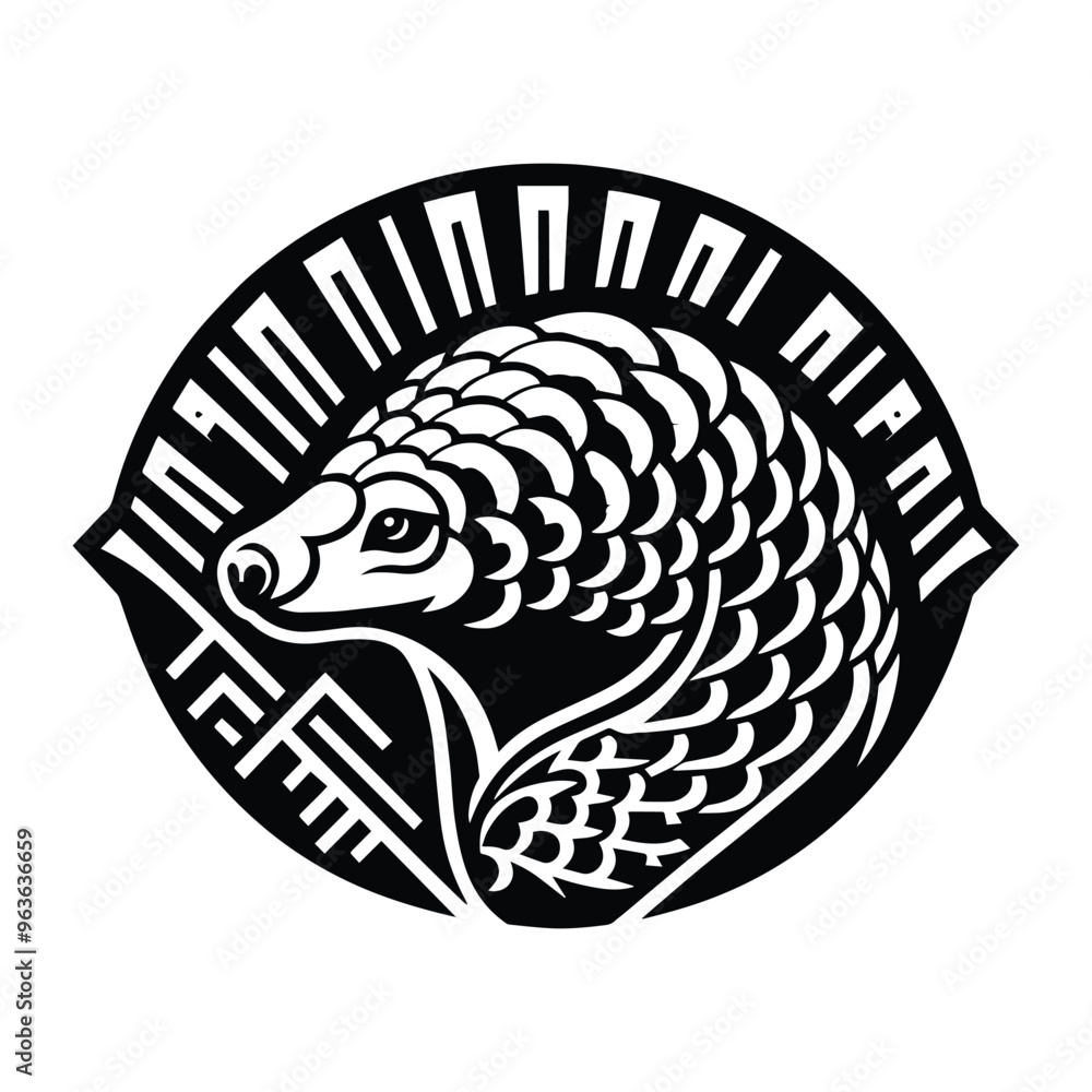 Pangolin with art deco decoration, stencil logo, black and white animal illustration Pangolin with art deco decoration, stencil logo, black and white animal illustration