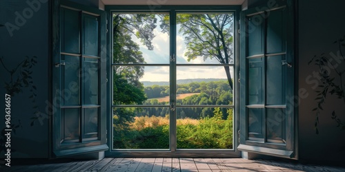 A window with a view of a field and trees. The window is open  letting in the sunlight and the view of the outdoors. The scene is peaceful and serene