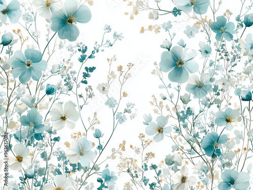 Seamless Pattern Of Delicate Wildflowers - flowers, floral, blue flowers, nature, plants, delicate, elegant, pattern, design, wallpaper, botanical, spring, blossoms, light blue