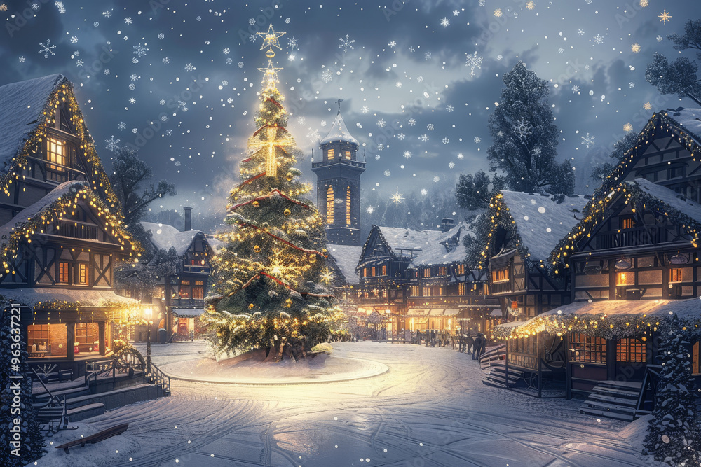 Wintry Holidays with Family in the Snowy Village Square by the Christmas Tree Wintry Holidays with Family in the Snowy Village Square by the Christmas Tree