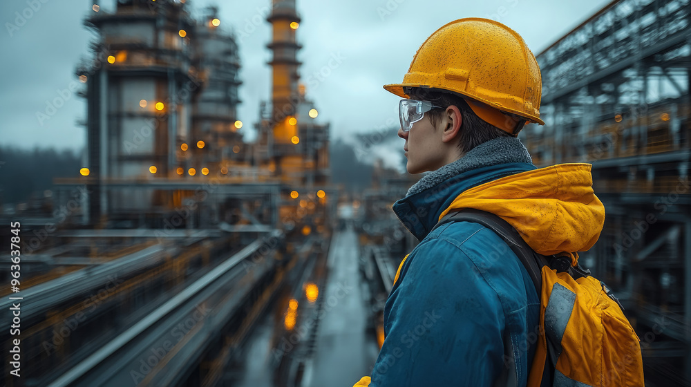 Nuclear industry worker against the background of a nuclear power plant, physicist, employee portrait, man, pipes, technology, equipment, science, scientist, uniform, helmet, builder, engineer Nuclear industry worker against the background of a nuclear power plant, physicist, employee portrait, man, pipes, technology, equipment, science, scientist, uniform, helmet, builder, engineer