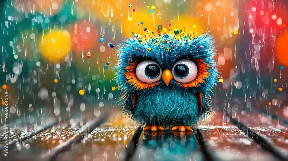 A painting of a blue and orange owl perched on a wooden floor beneath drizzling rain A painting of a blue and orange owl perched on a wooden floor beneath drizzling rain