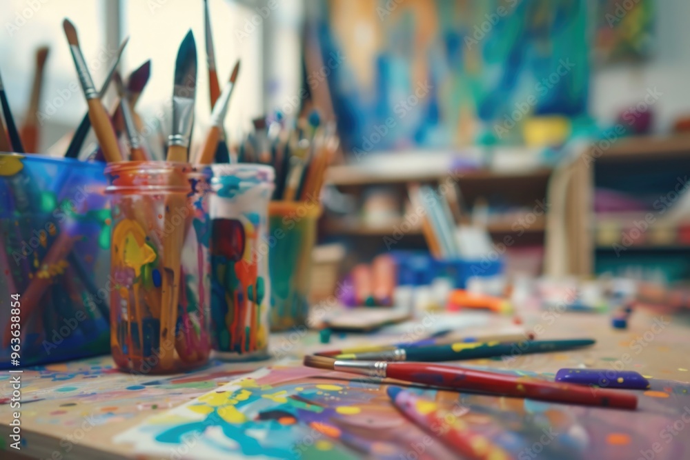 A messy art studio with many paint brushes and paint jars. Scene is chaotic and creative A messy art studio with many paint brushes and paint jars. Scene is chaotic and creative