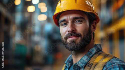 Nuclear industry worker against the background of a nuclear power plant, physicist, employee portrait, man, pipes, technology, equipment, science, scientist, uniform, helmet, builder, engineer