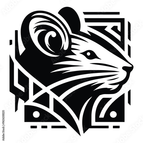 rat with art deco decoration, stencil logo, black and white animal illustration photo