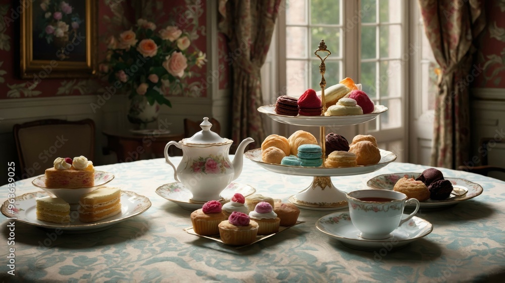 A beautifully set afternoon tea table featuring a variety of pastries, a teapot, and fine china, evoking a classic and refined dining experience.
A beautifully set afternoon tea table featuring a variety of pastries, a teapot, and fine china, evoking a classic and refined dining experience.