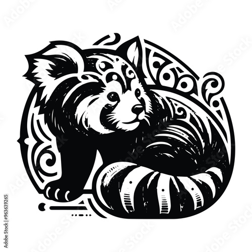 Wallpaper Mural red panda with art nouveau decoration, stencil logo, black and white animal illustration Torontodigital.ca