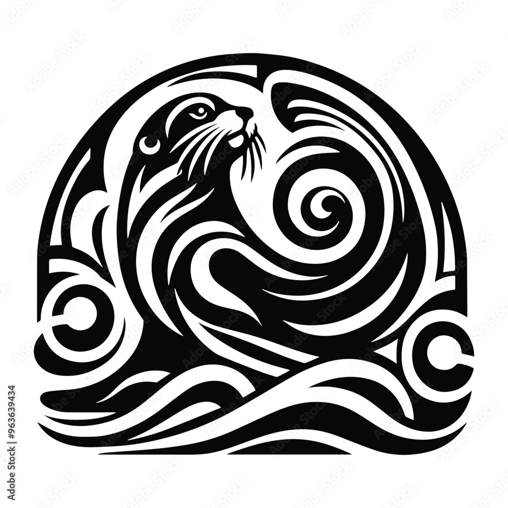 sea lion with art nouveau decoration, stencil logo, black and white animal illustration sea lion with art nouveau decoration, stencil logo, black and white animal illustration