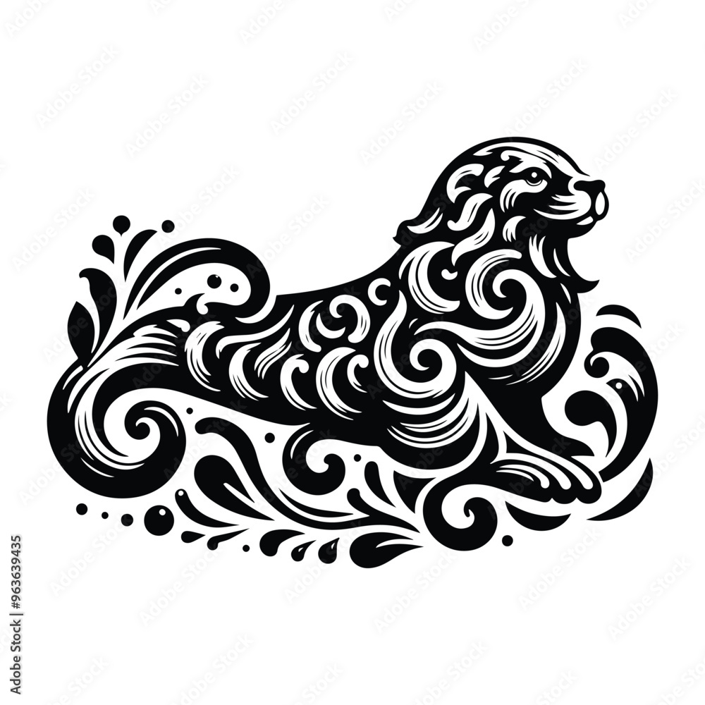 Fototapeta premium sea lion with victorian flourish decoration, stencil logo, black and white animal illustration